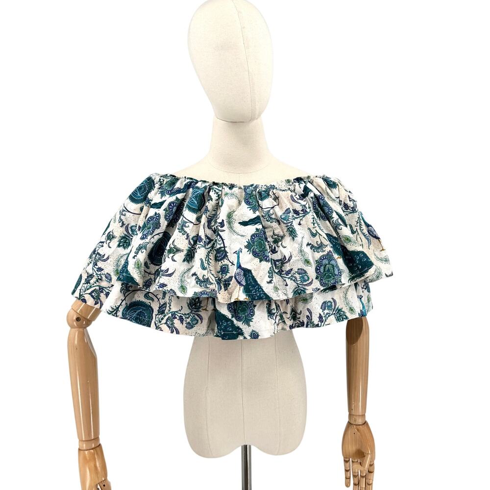 Vintage 90s Custom Made Cream Teal 100% Cotton Peacock Paisley Ruffle Crop Top